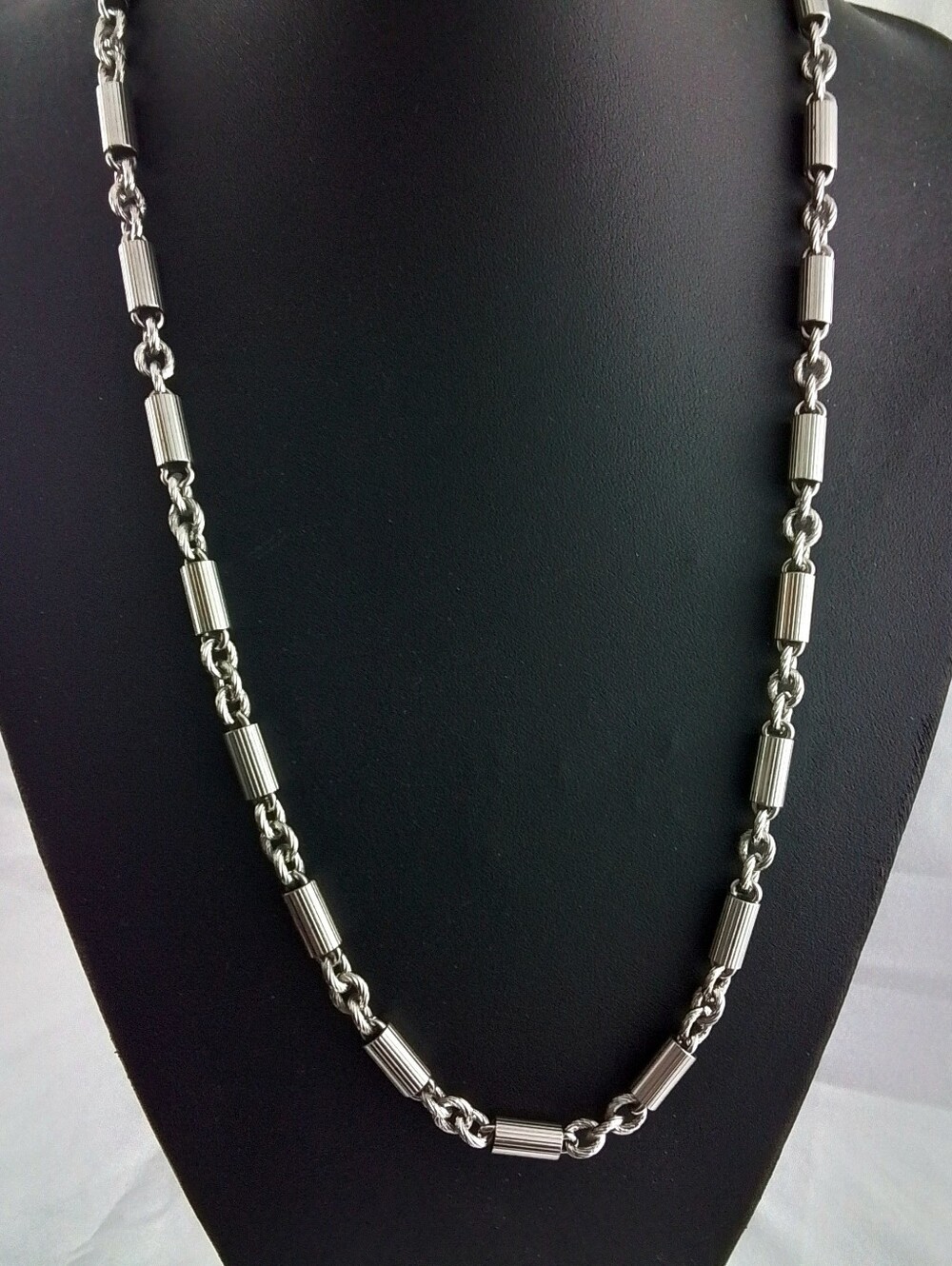 Vintage Silver Tone Link Necklace | 26" Rope & Ribbed Barrel Chain | Classic
